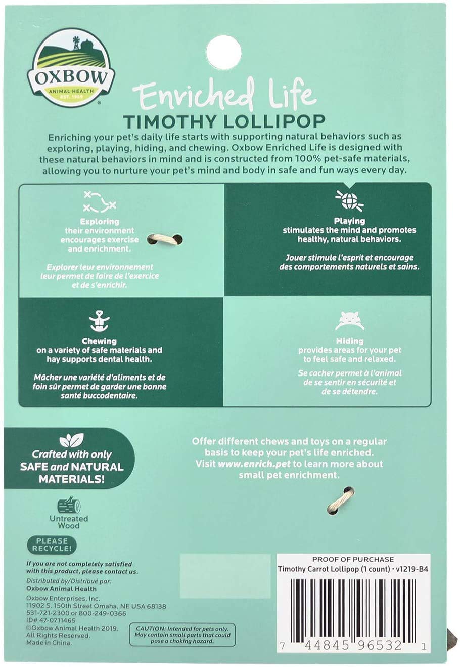 Oxbow Enriched Life Timothy Lollipop untreated wood texture highlights safe materials.