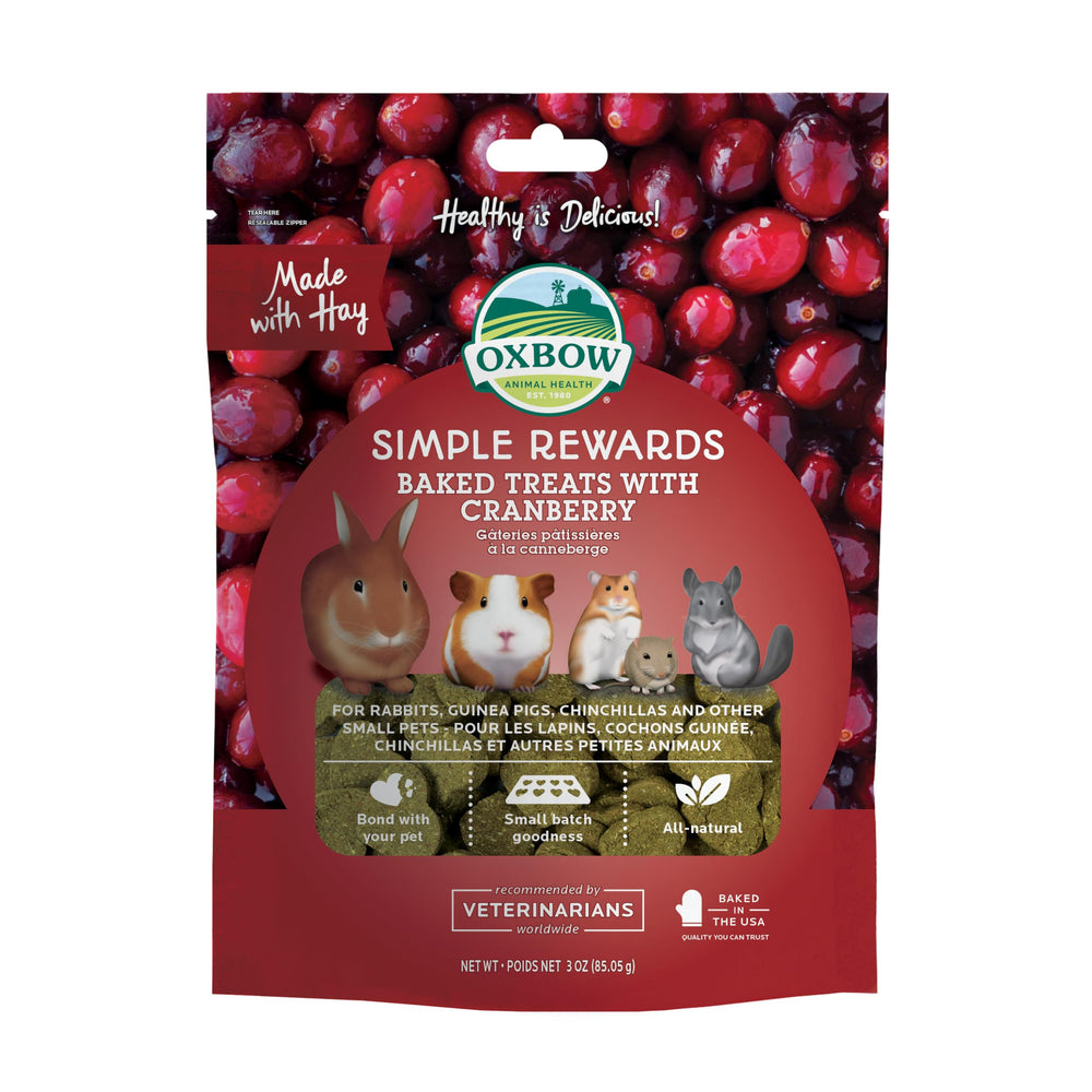 Oxbow Simple Rewards baked cranberry treats bag showing hay-based snack for small pets