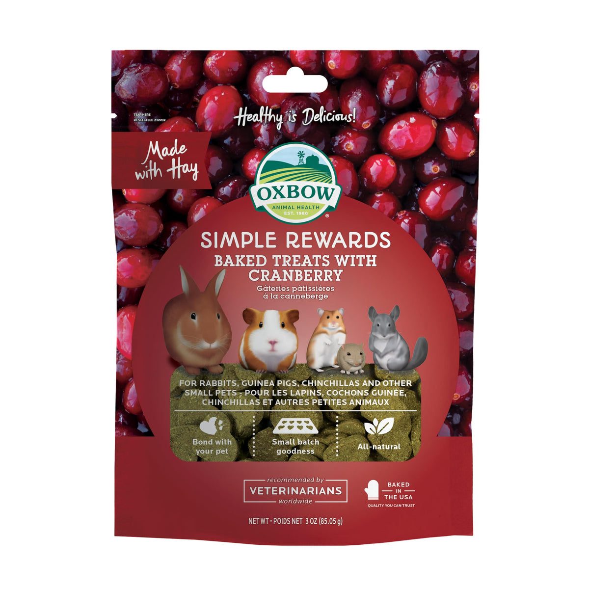 Oxbow Simple Rewards baked cranberry treats bag showing hay-based snack for small pets