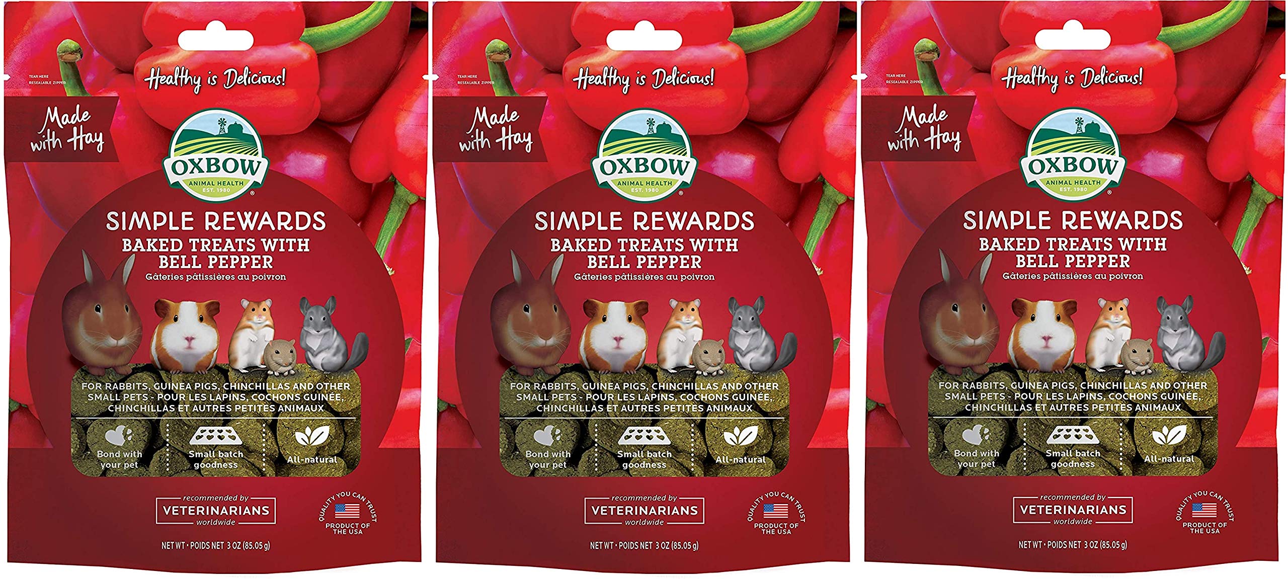Oxbow Simple Rewards bell pepper treats pack—tasty training rewards with hay for small pets.