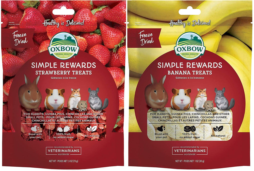 Oxbow Simple Rewards strawberry-banana pack shot showing dual flavors for variety