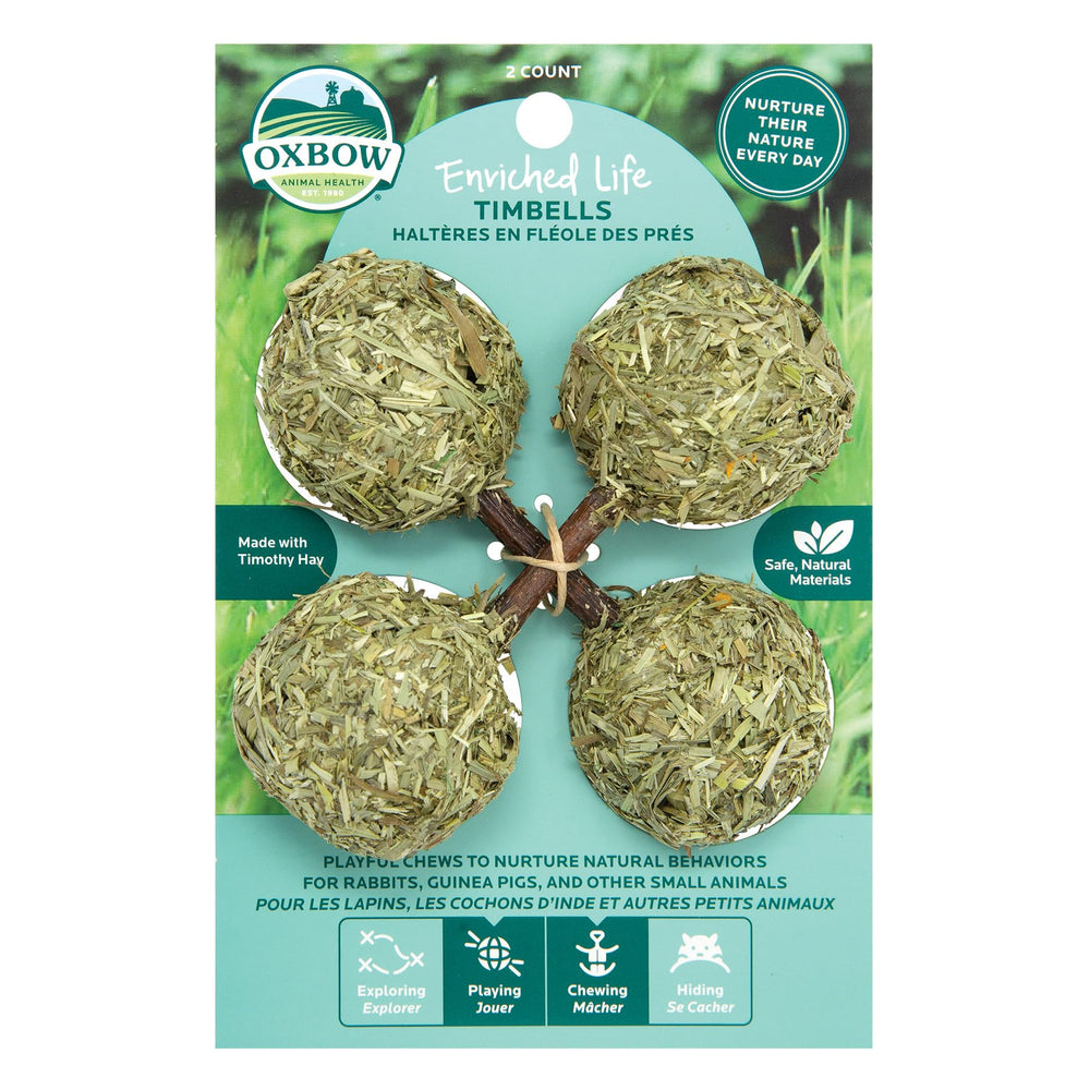 Oxbow Timbells rolling ball in cage, supports natural chewing and play.