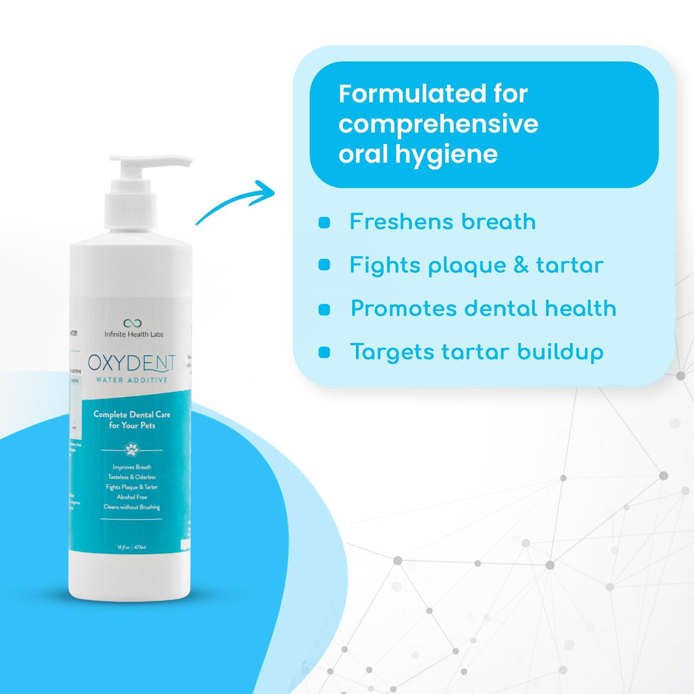 Oxydent pet dental rinse helps freshen breath and reduce plaque.