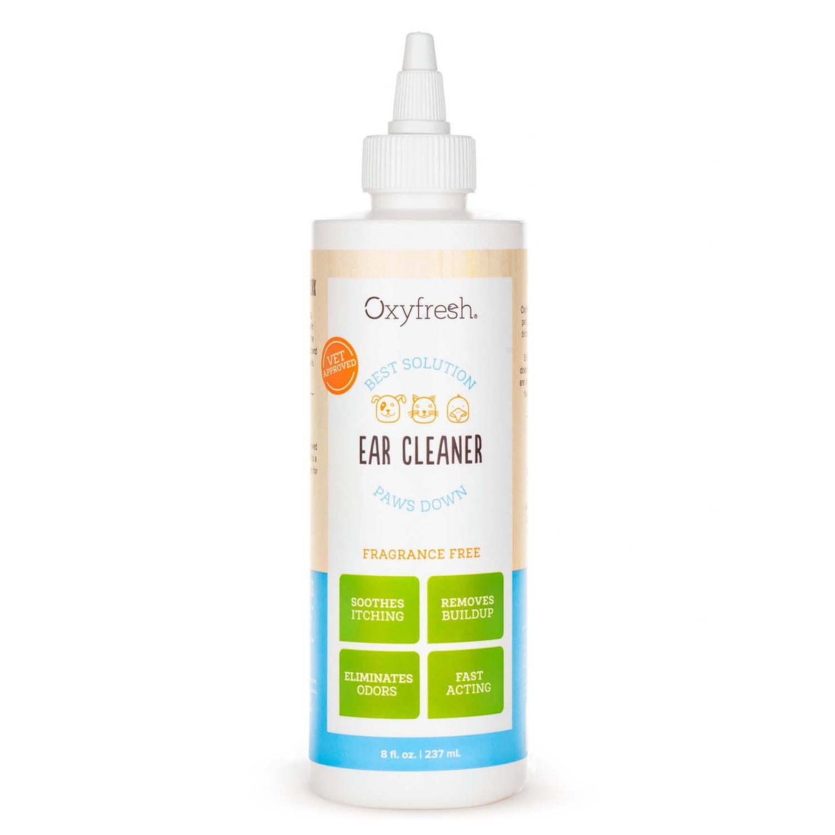 Oxyfresh Advanced Pet Ear Cleaner bottle closeup highlights fast-acting ear cleaning