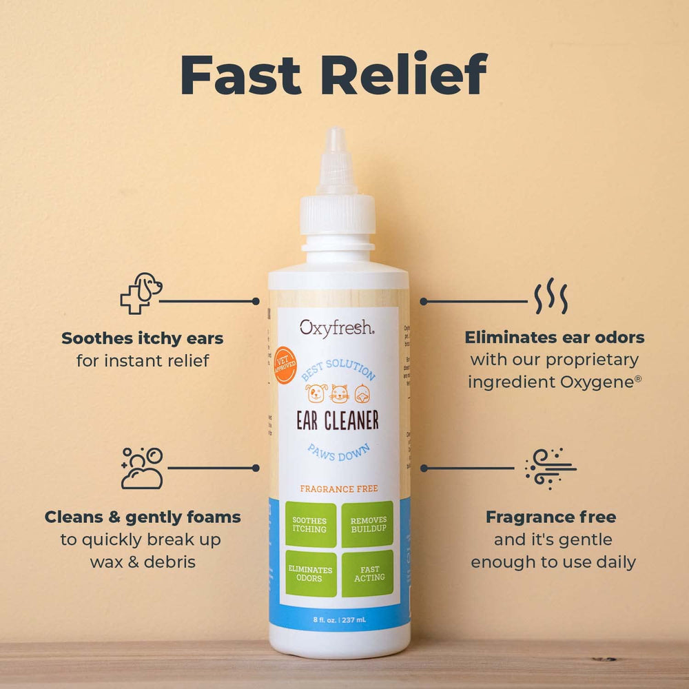 Oxyfresh Advanced Pet Ear Cleaner bottle pour demonstrates easy application