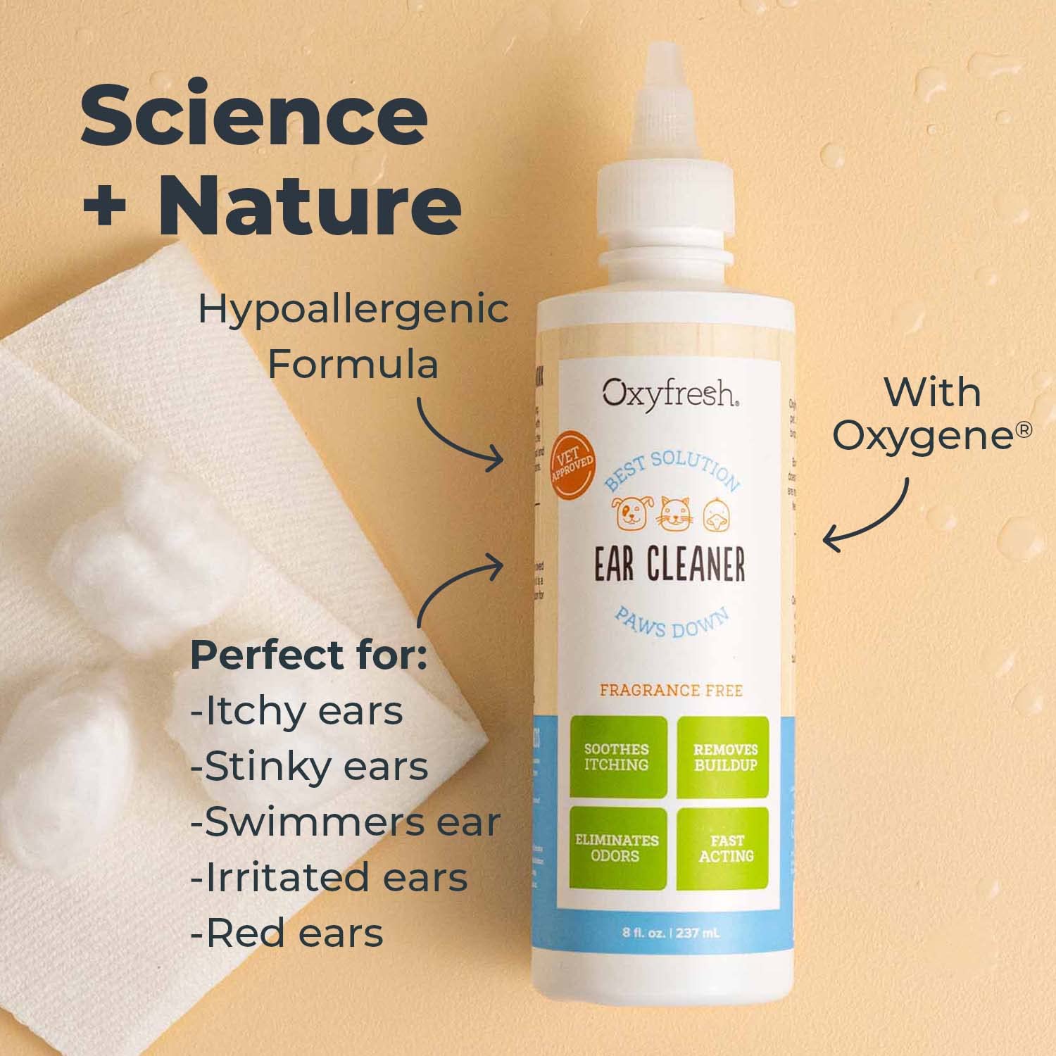 Oxyfresh Advanced Pet Ear Cleaner dog ear wash demonstrates soothing relief