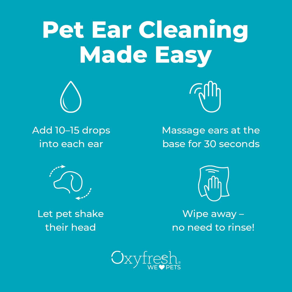 Oxyfresh Advanced Pet Ear Cleaner fast-drying formula in-use after baths