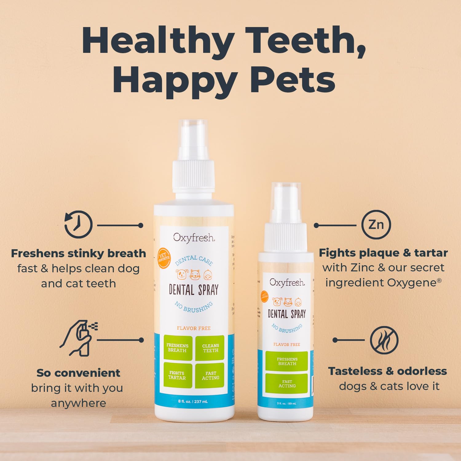 Oxyfresh cat and dog spray applied to teeth for fresh breath.