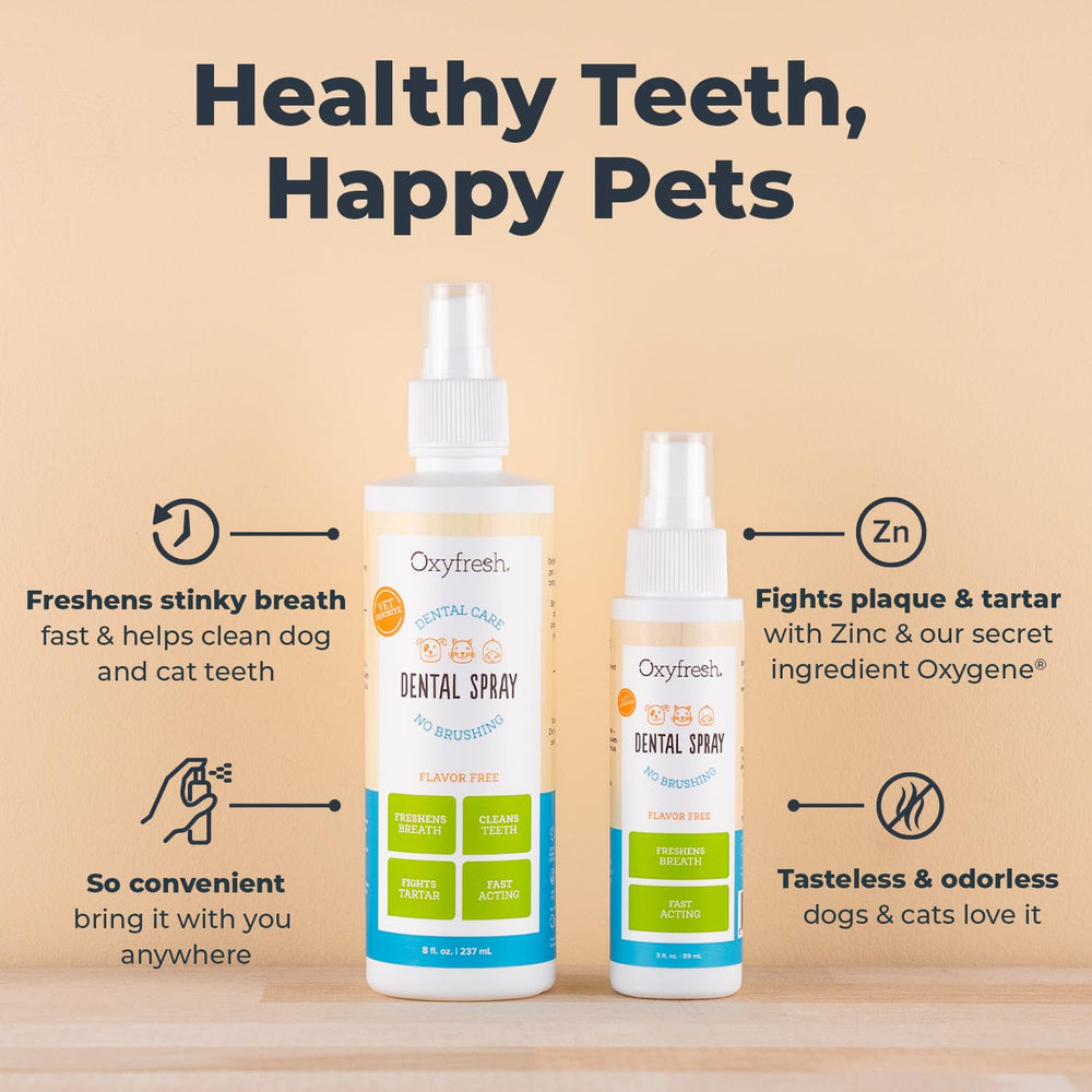 Oxyfresh cat and dog spray applied to teeth for fresh breath.