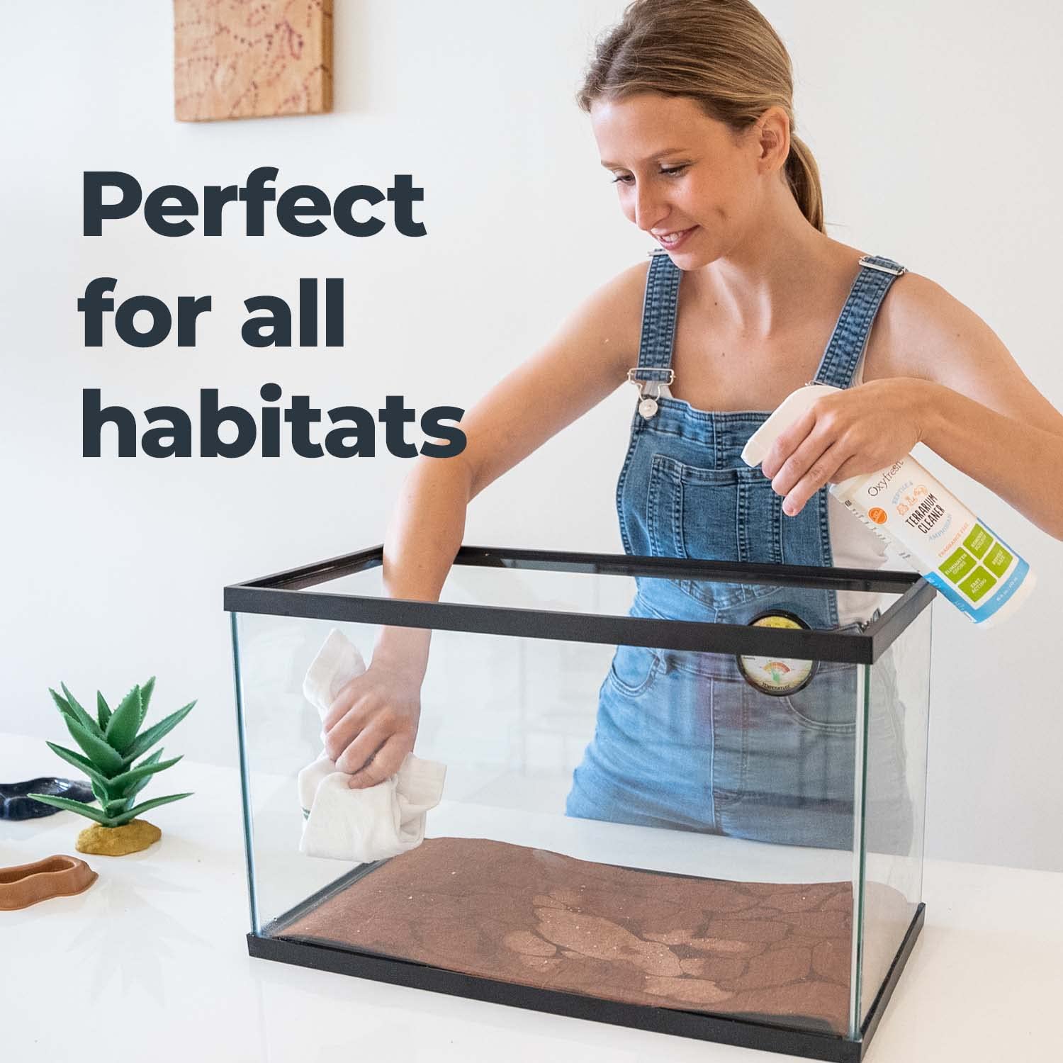 Oxyfresh glass and plastic surface cleaner for streak-free tank interiors.