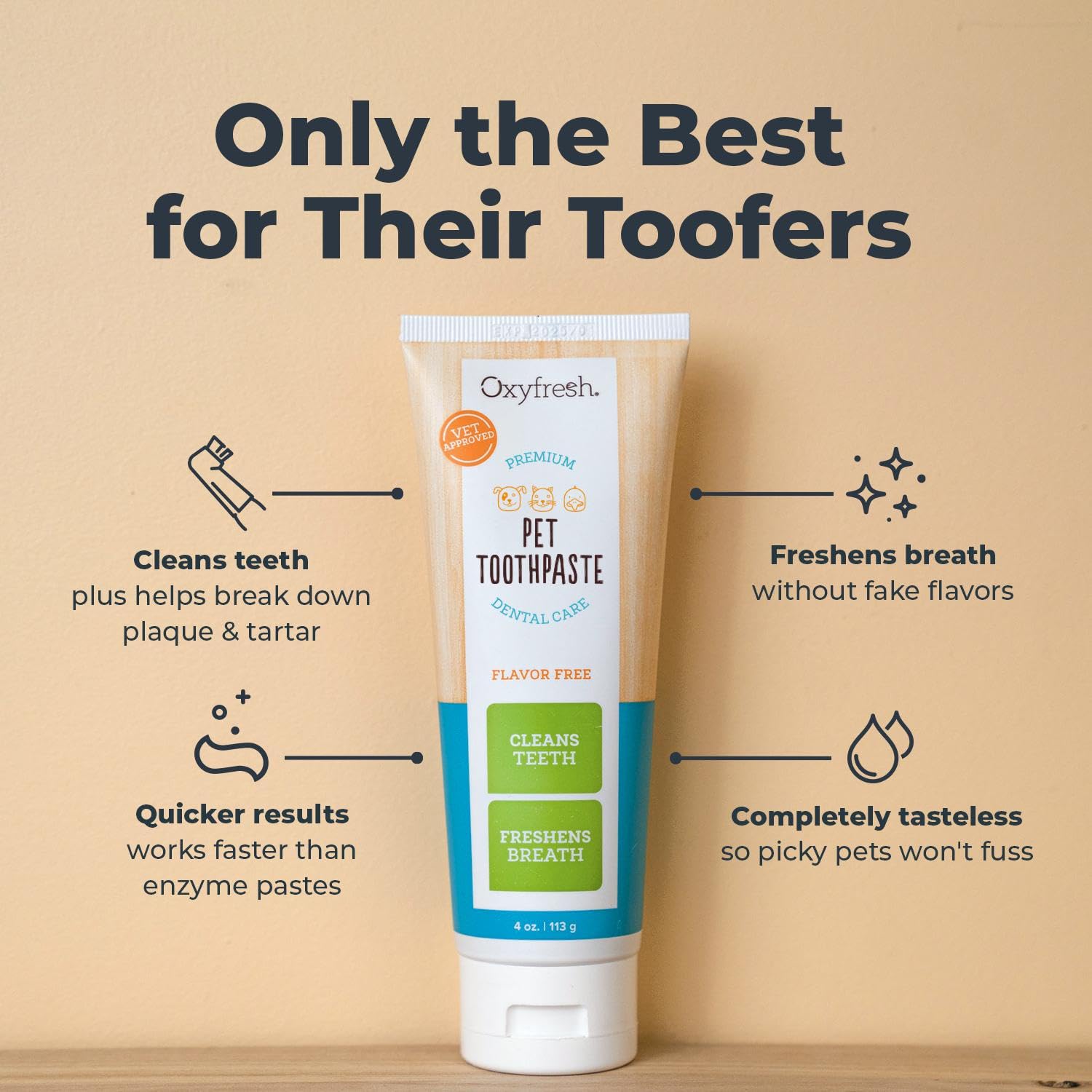 Oxyfresh Premium Cat & Dog Toothpaste gel texture illustrated, a gentle, tasteless product for pets.