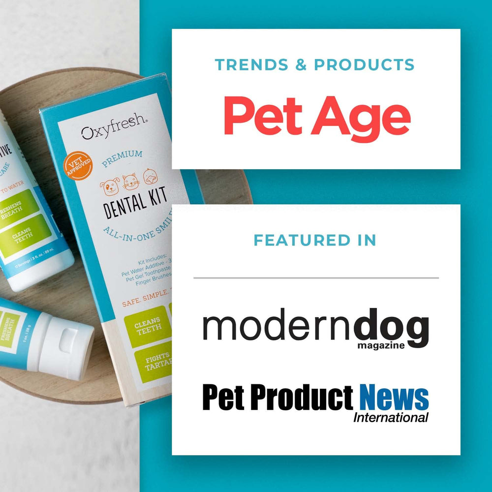 Oxyfresh Premium Pet Dental Kit dog and cat care scene with clean teeth promise.