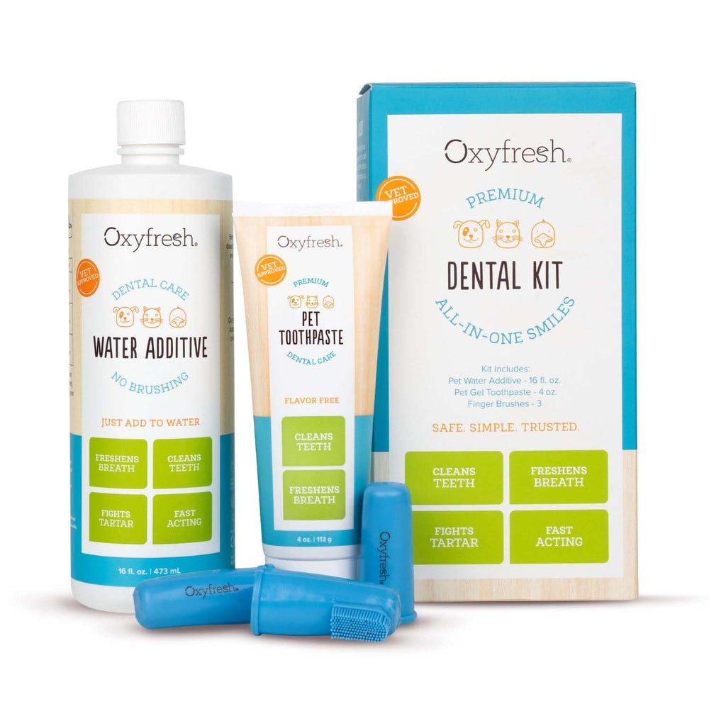 Oxyfresh Premium Pet Dental Kit packaging shows trusted at-home dental care for dogs and cats.