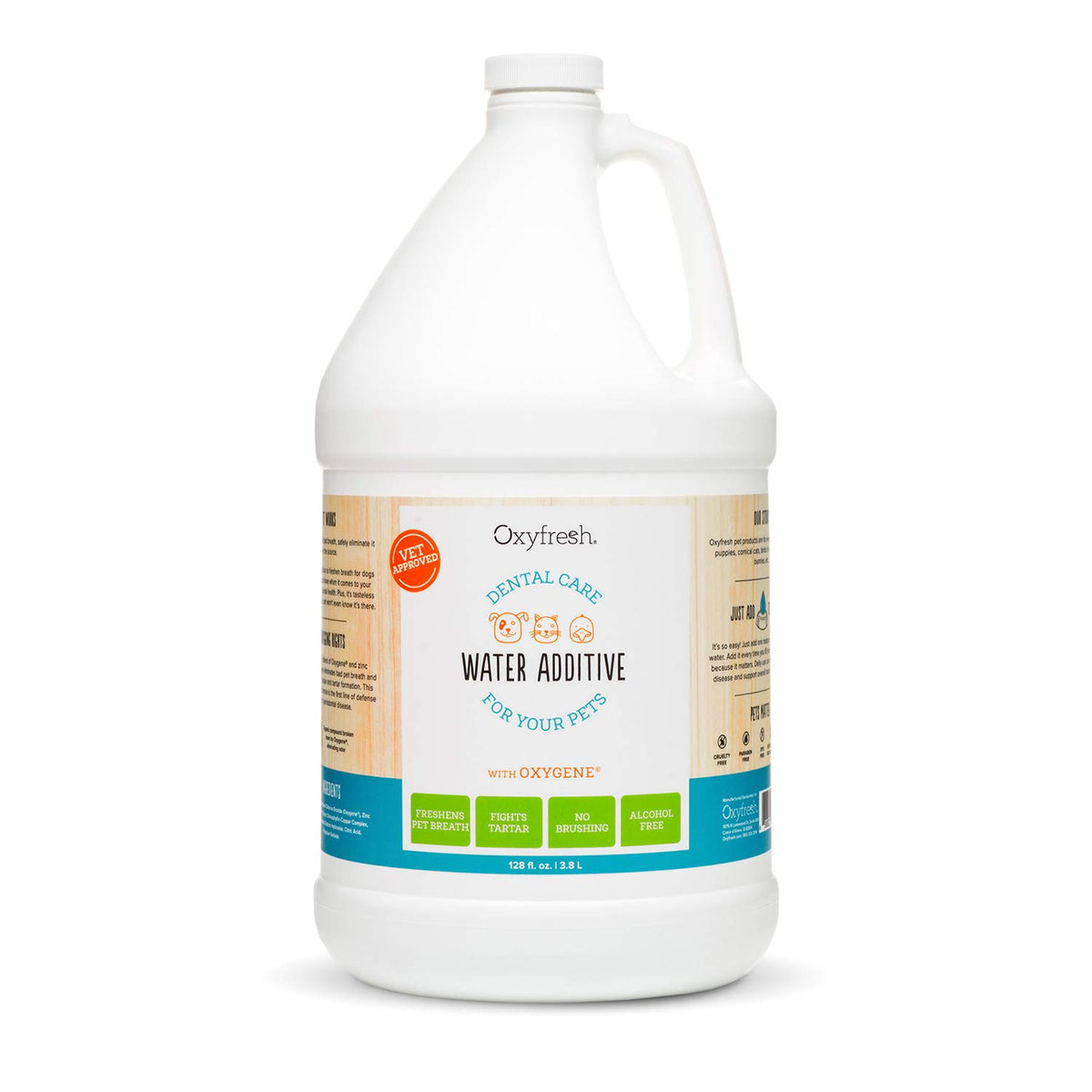 Oxyfresh Premium Pet Dental Water Additive bottle front for easy at-home dental care.