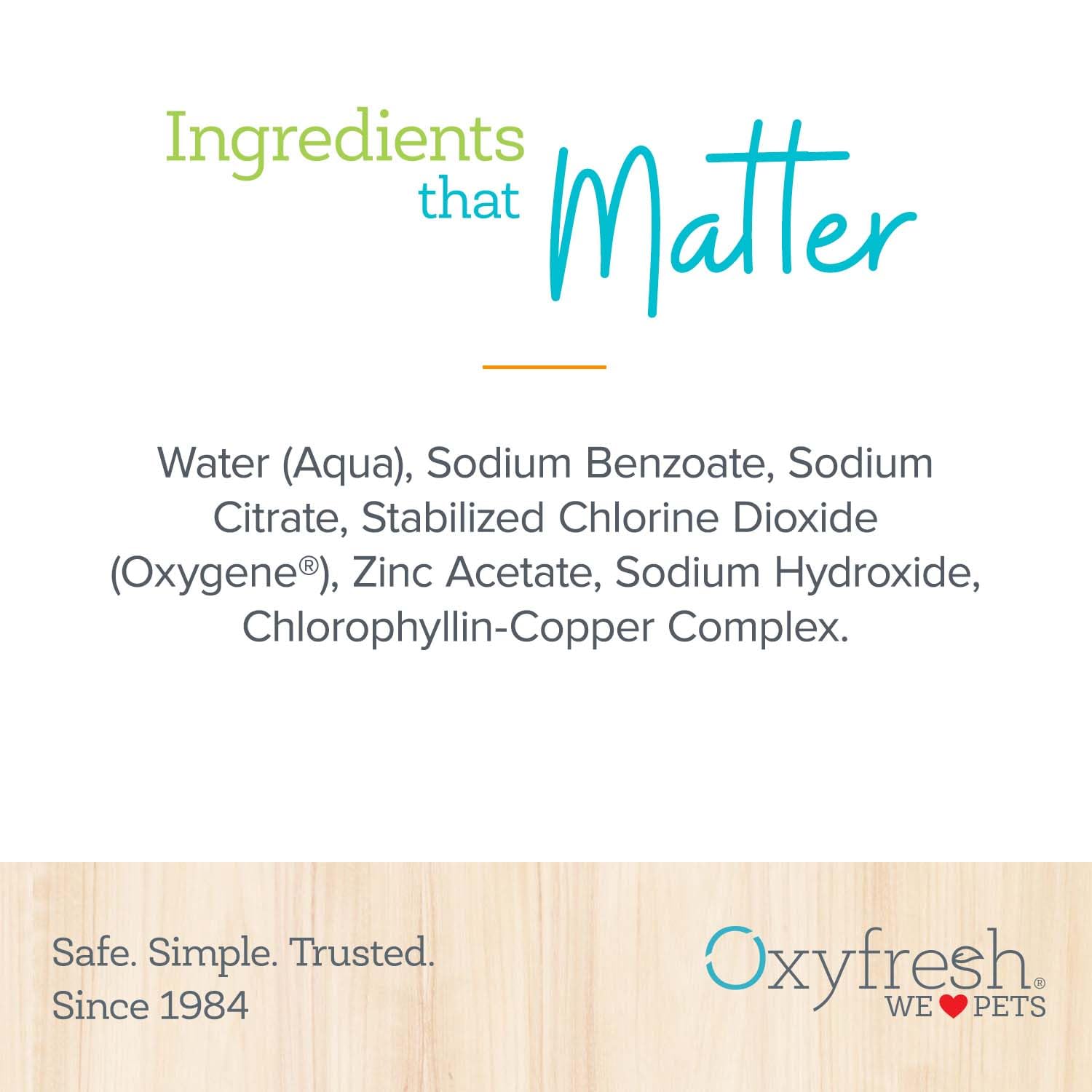 Oxyfresh Premium Pet Dental Water Additive close-up label highlights quality ingredients.