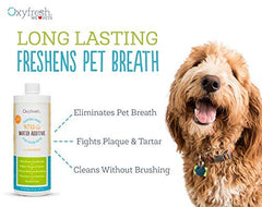 Oxyfresh bottle being poured into a pet water bowl for easy dosing