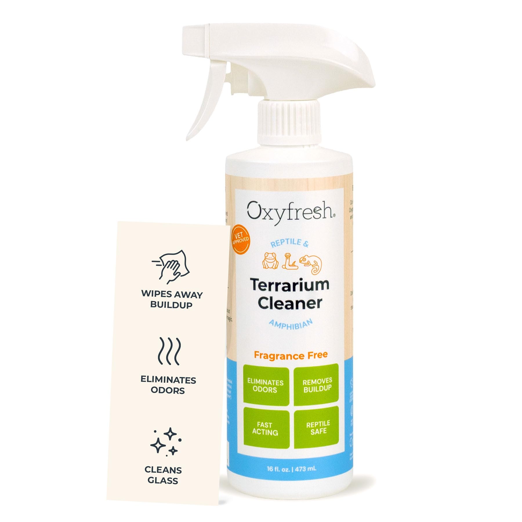 Oxyfresh terrarium cleaner spray bottle for quick, streak-free habitat cleaning.