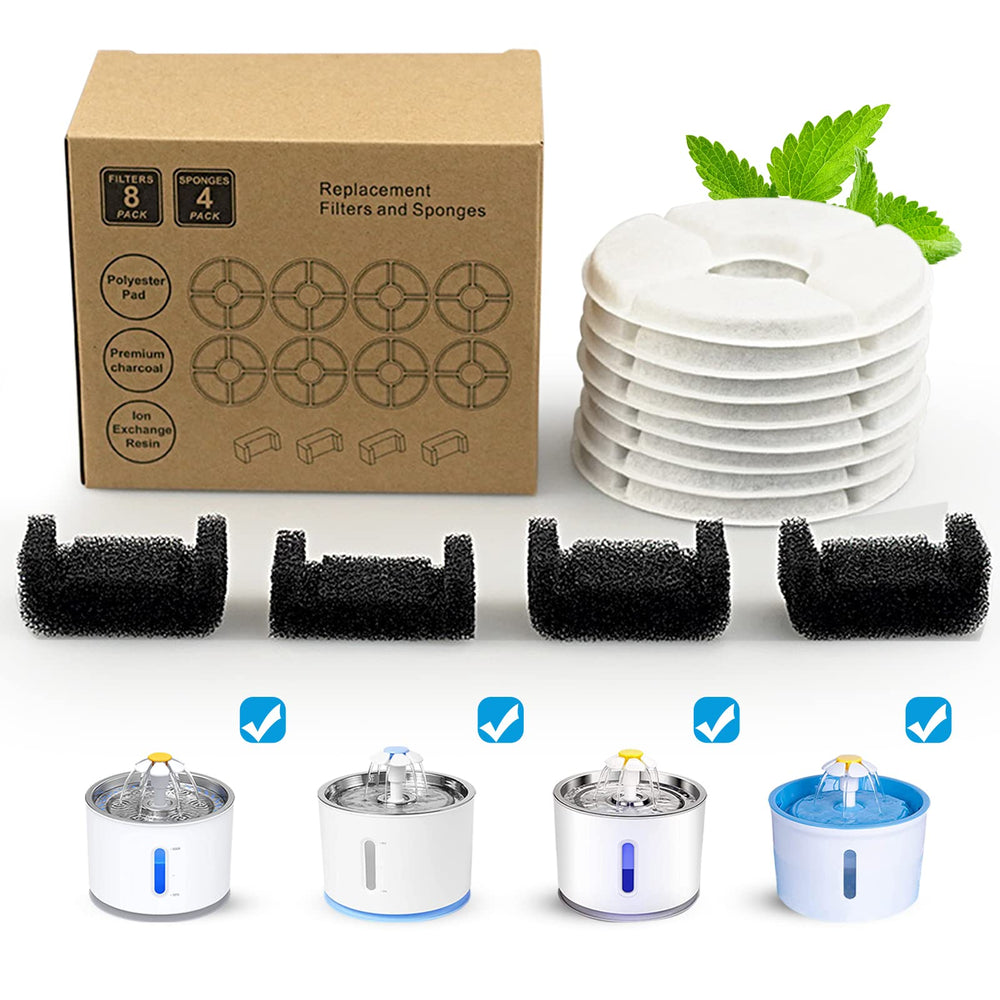 OYES cat fountain filter packaging shows eight-pack filters for easy hydration.