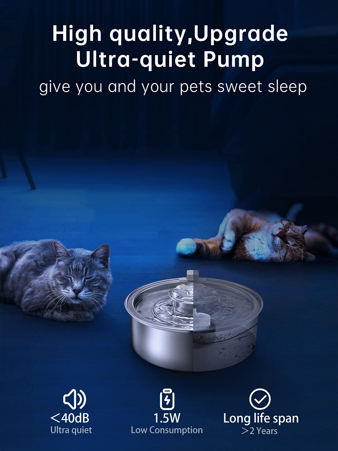OYES cat water fountain LED light helps with nighttime monitoring of hydration.