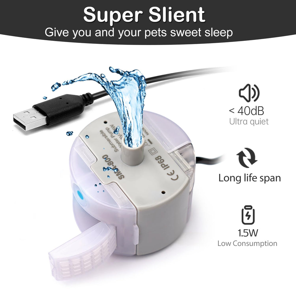 OYES ultra-quiet pump operation reduces noise for peaceful pet hydration.