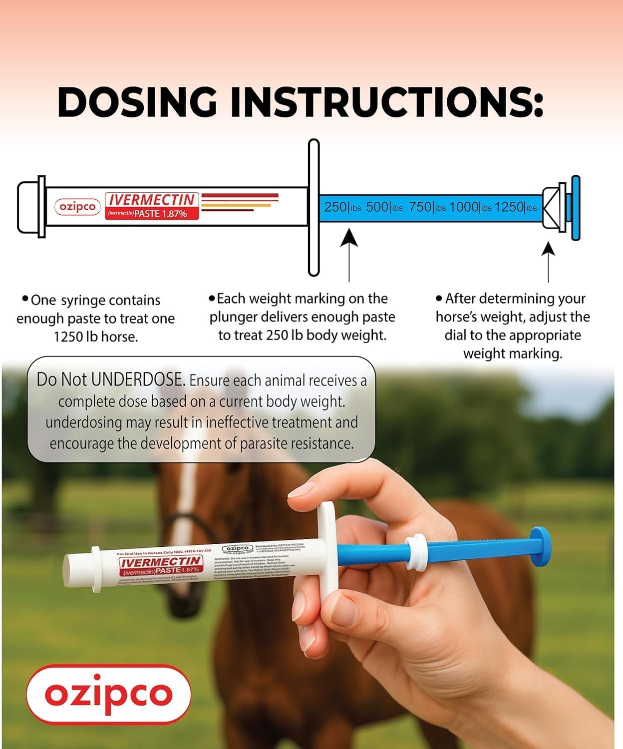 OZIPCO ivermectin horse paste closeup shows apple flavor and ready to use syringe.