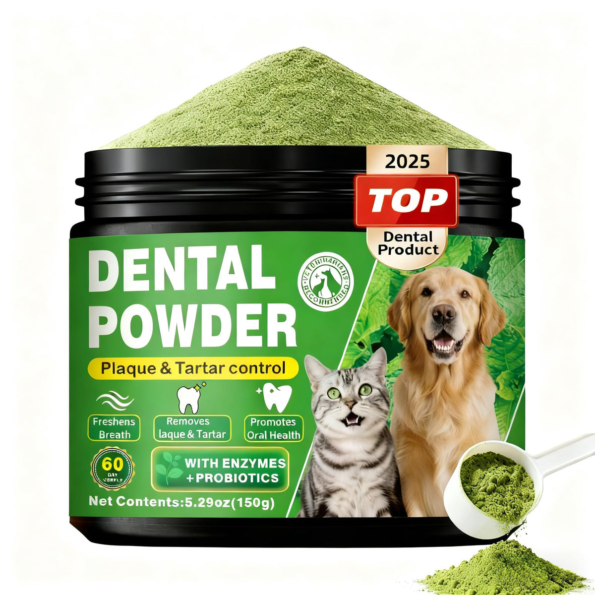 OZOXOO dog dental powder packaging shows 60-day supply for lasting care.