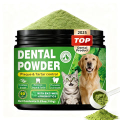 OZOXOO dog dental powder packaging shows 60-day supply for lasting care.