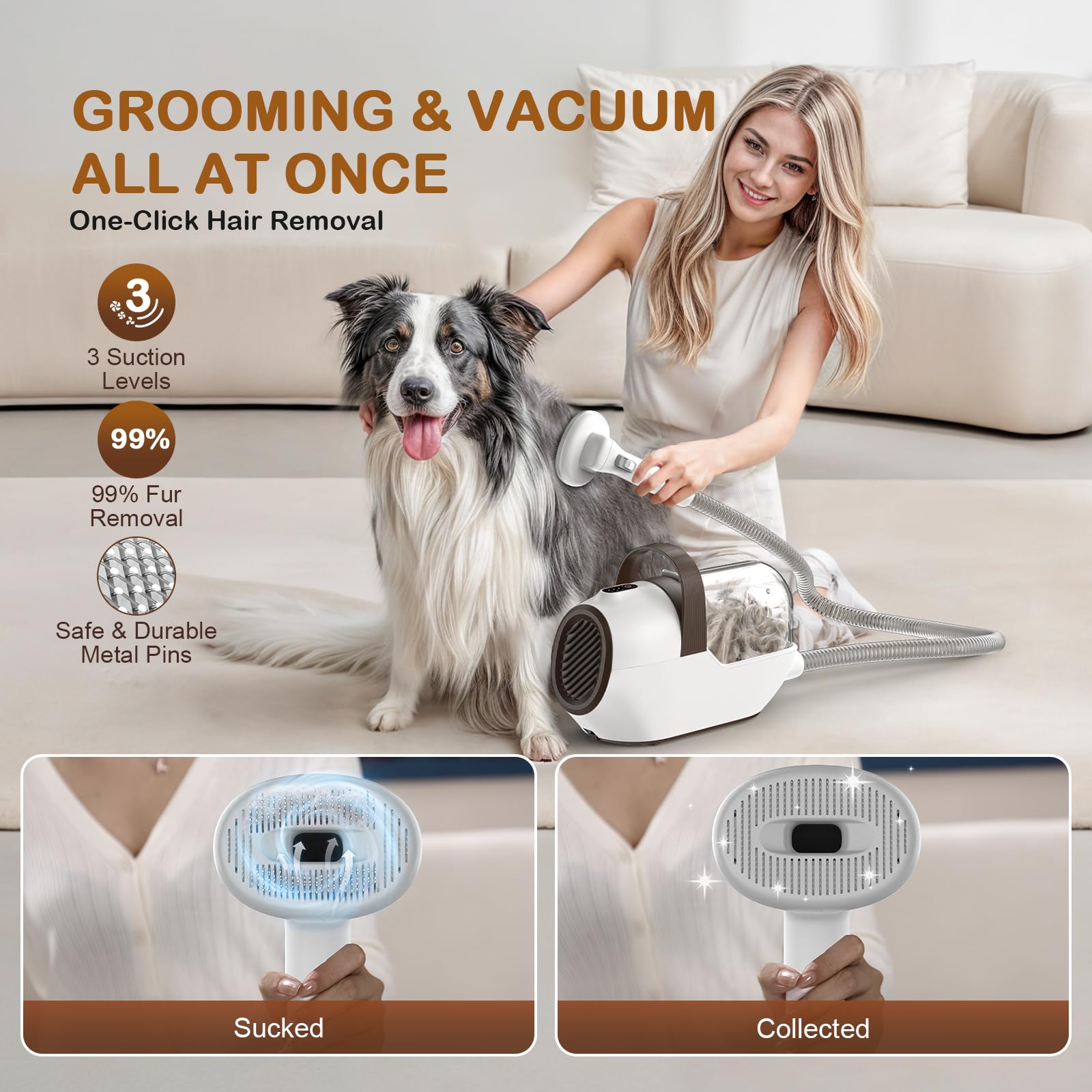 Ozumek dog grooming vacuum brush with safe metal pins for gentle grooming.