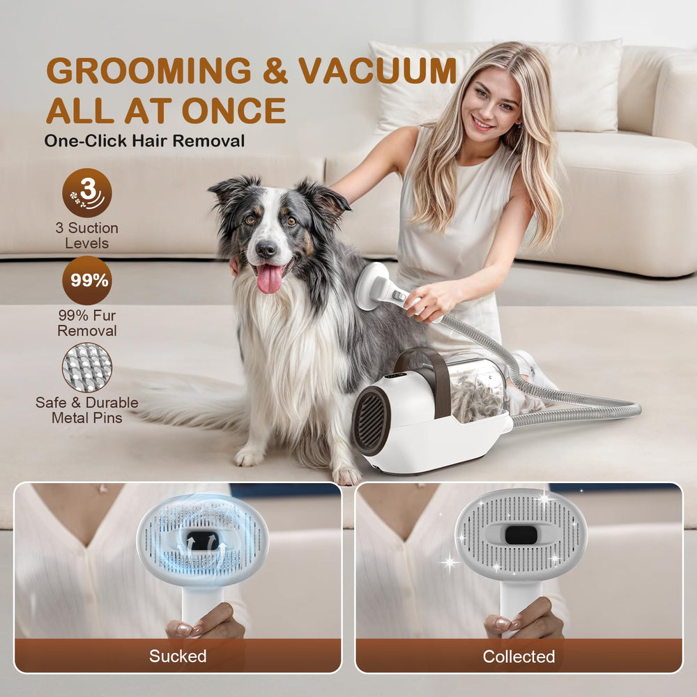 Ozumek dog grooming vacuum brush with safe metal pins for gentle grooming.