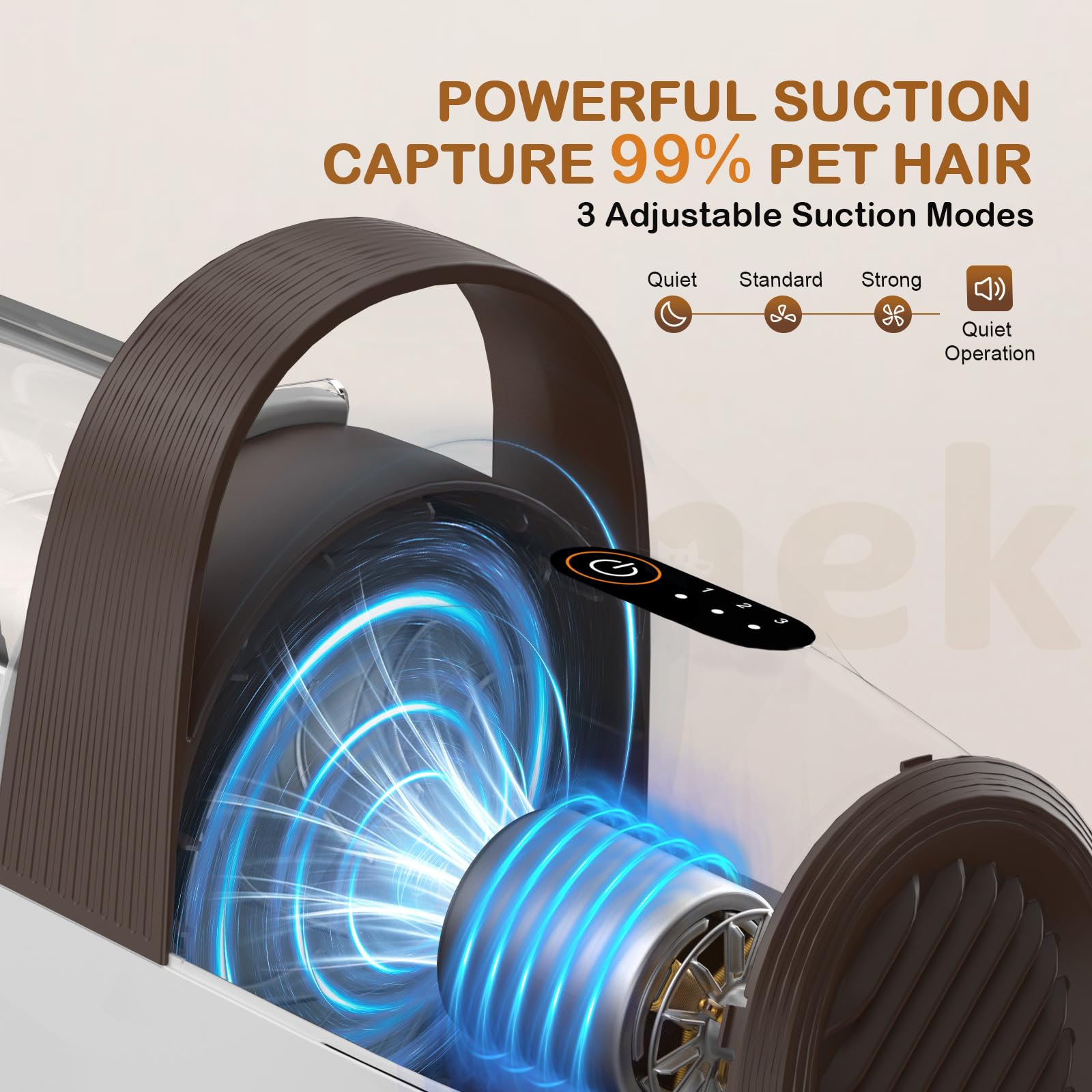 Ozumek adjustable suction levels tailor power for sensitive pets.