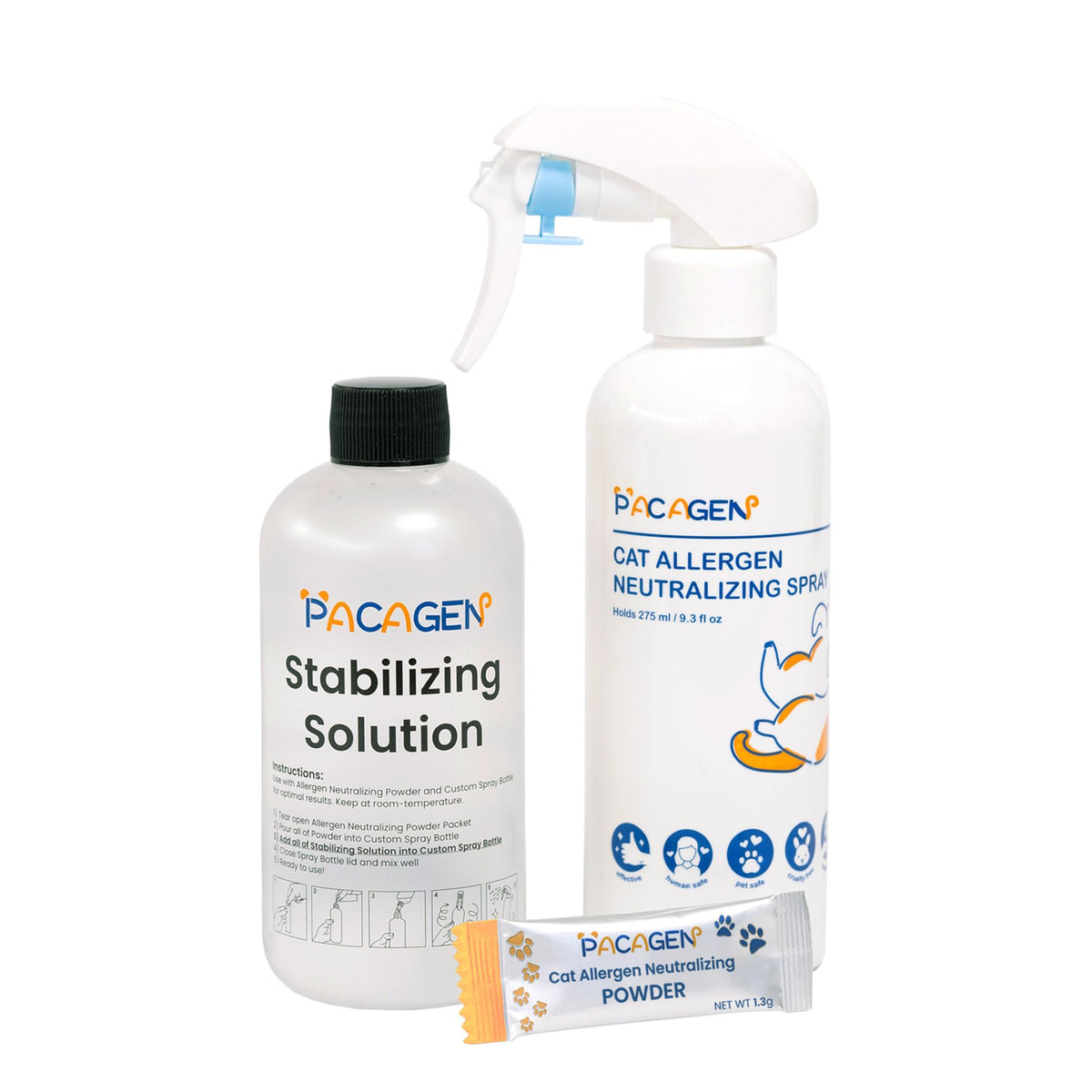 Pacagen cat allergen neutralizing spray bottle showing quick, easy at-home use for allergen relief.