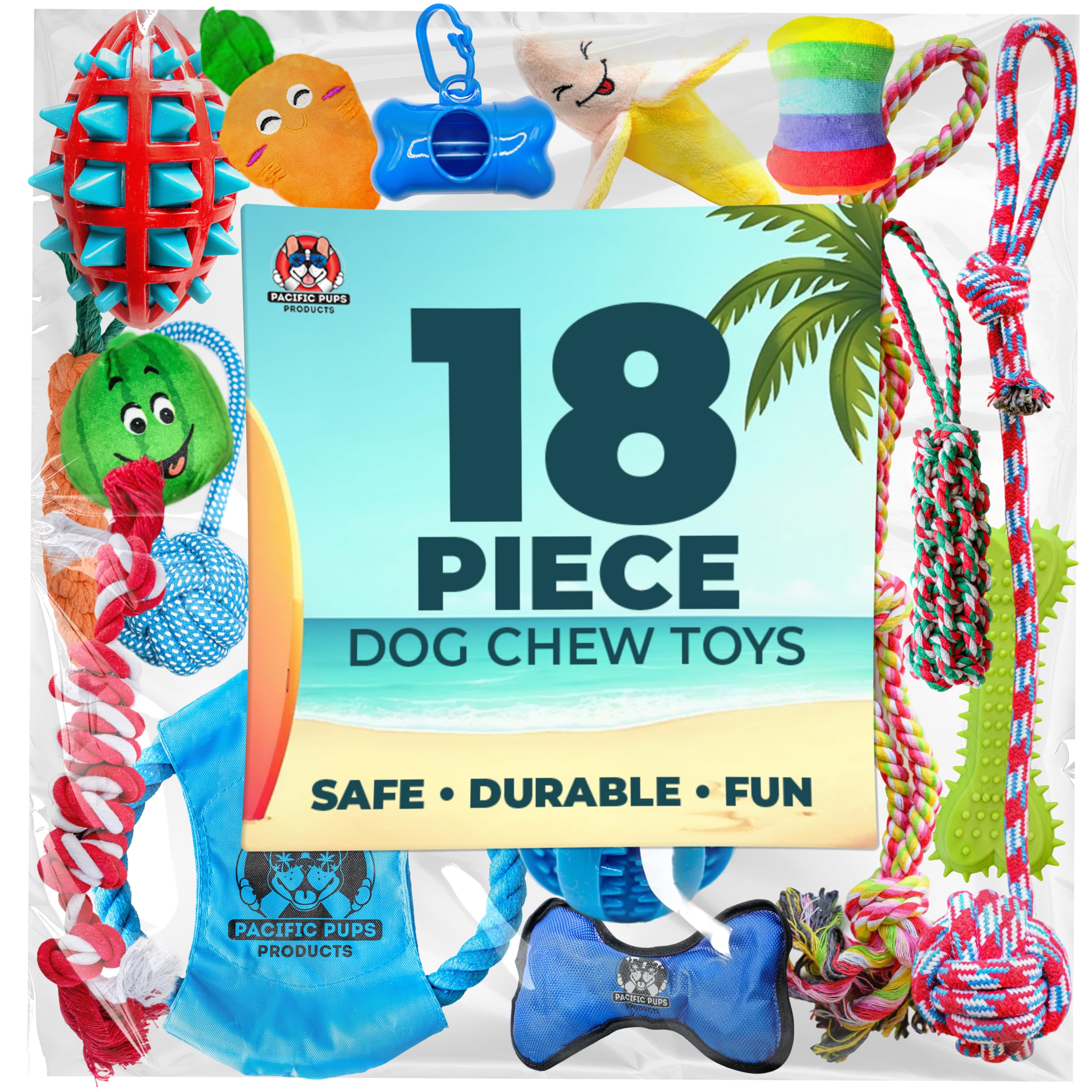 Pacific Pups dog playtime image showing toys for small and medium breeds.