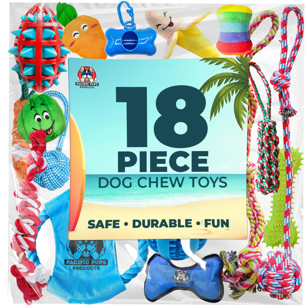 Pacific Pups dog playtime image showing toys for small and medium breeds.