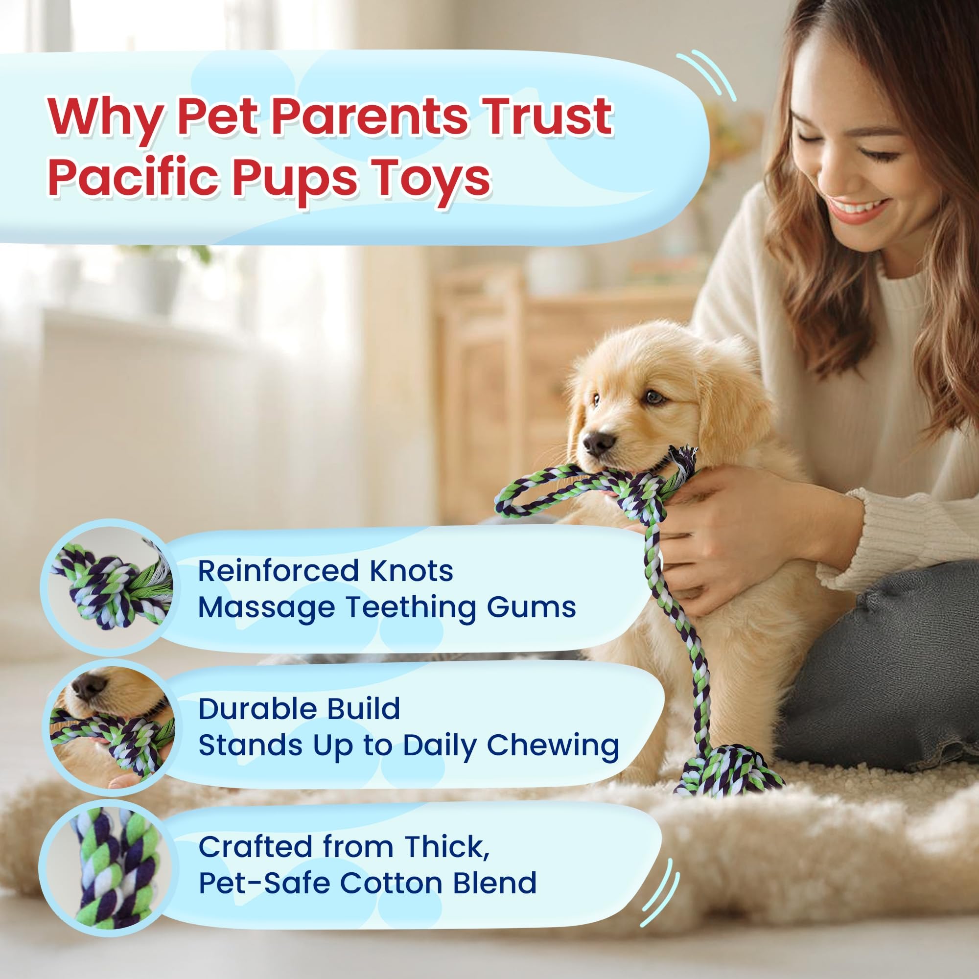 Pacific Pups Products puppy-teething-rope-toy aids teething relief for small dogs.
