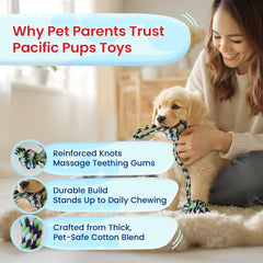 Pacific Pups Products puppy-teething-rope-toy aids teething relief for small dogs.