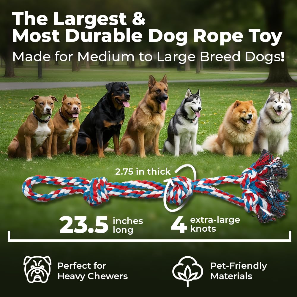 Pacific Pups rope toy close-up three knots provide a strong grip during tug.