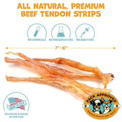 Pack Approved beef tendon in bag, single-ingredient digestible treat.