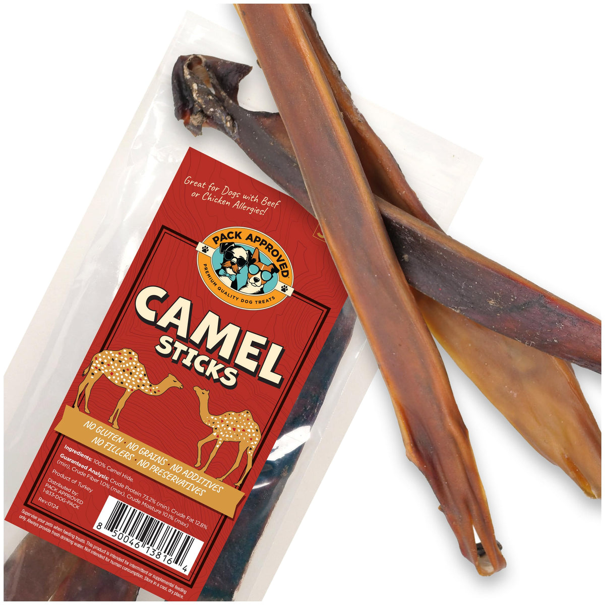 Pack Approved camel skin sticks packaging shows premium hypoallergenic chew.