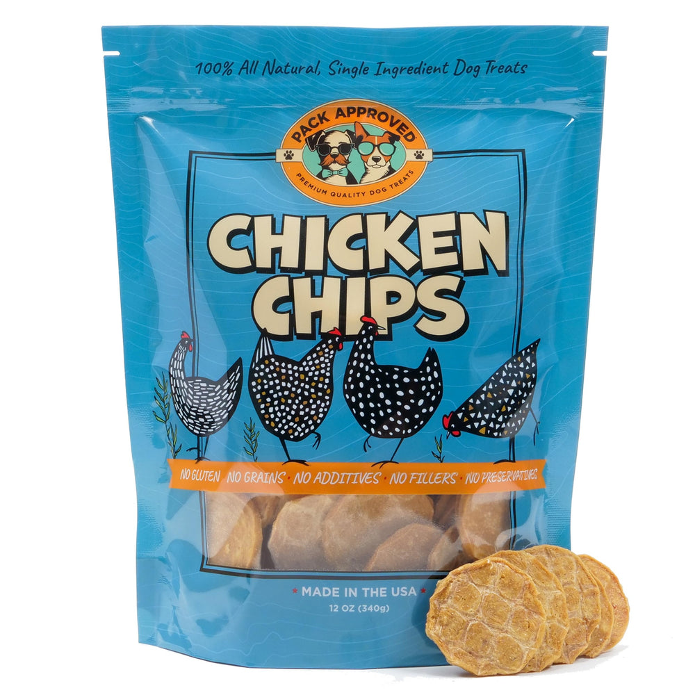 Pack Approved Chicken Chips packaging shows a 12oz bag ready for training rewards.