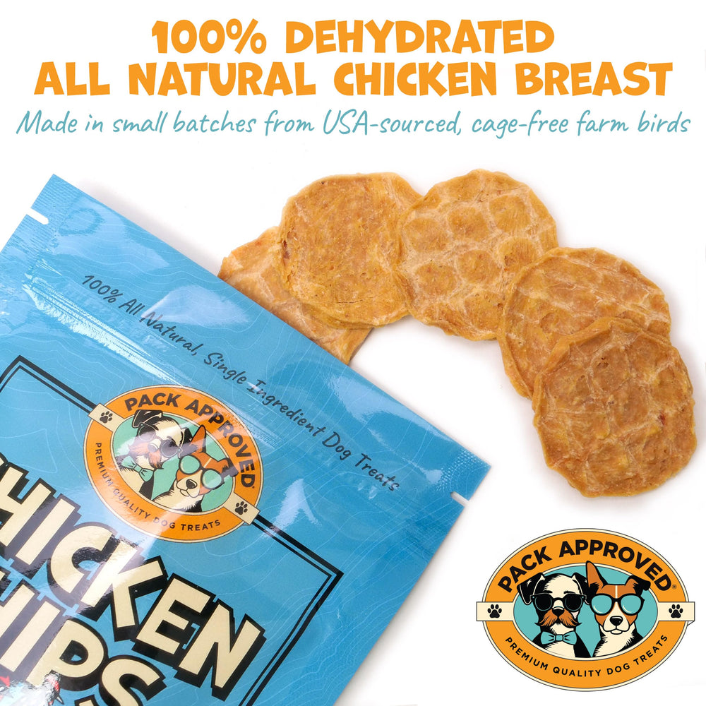 Pack Approved Chicken Chips training reward image shows dog excited during a session.