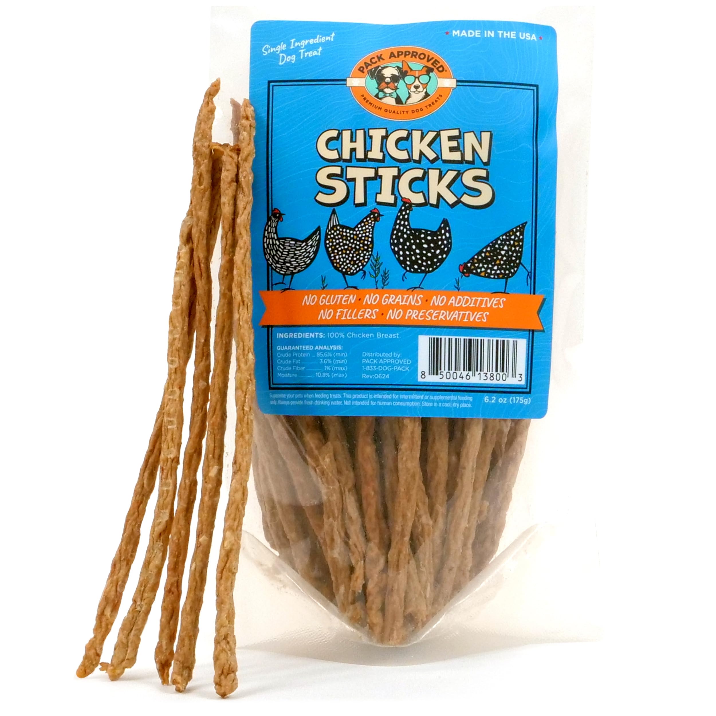 Pack Approved Chicken Sticks bag front shows premium single-ingredient dog treat for convenient snacking.