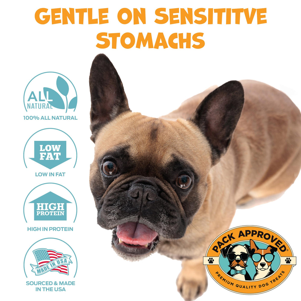 Pack Approved Chicken Sticks dental crunch closeup illustrates teeth-cleaning texture benefit.