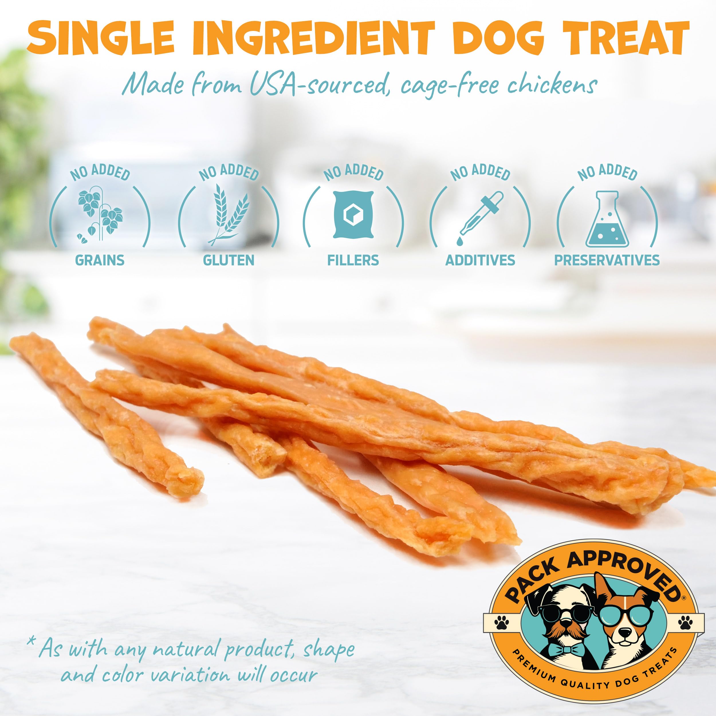 Pack Approved Chicken Sticks ingredient closeup highlights 100% chicken breast for high-protein rewards.