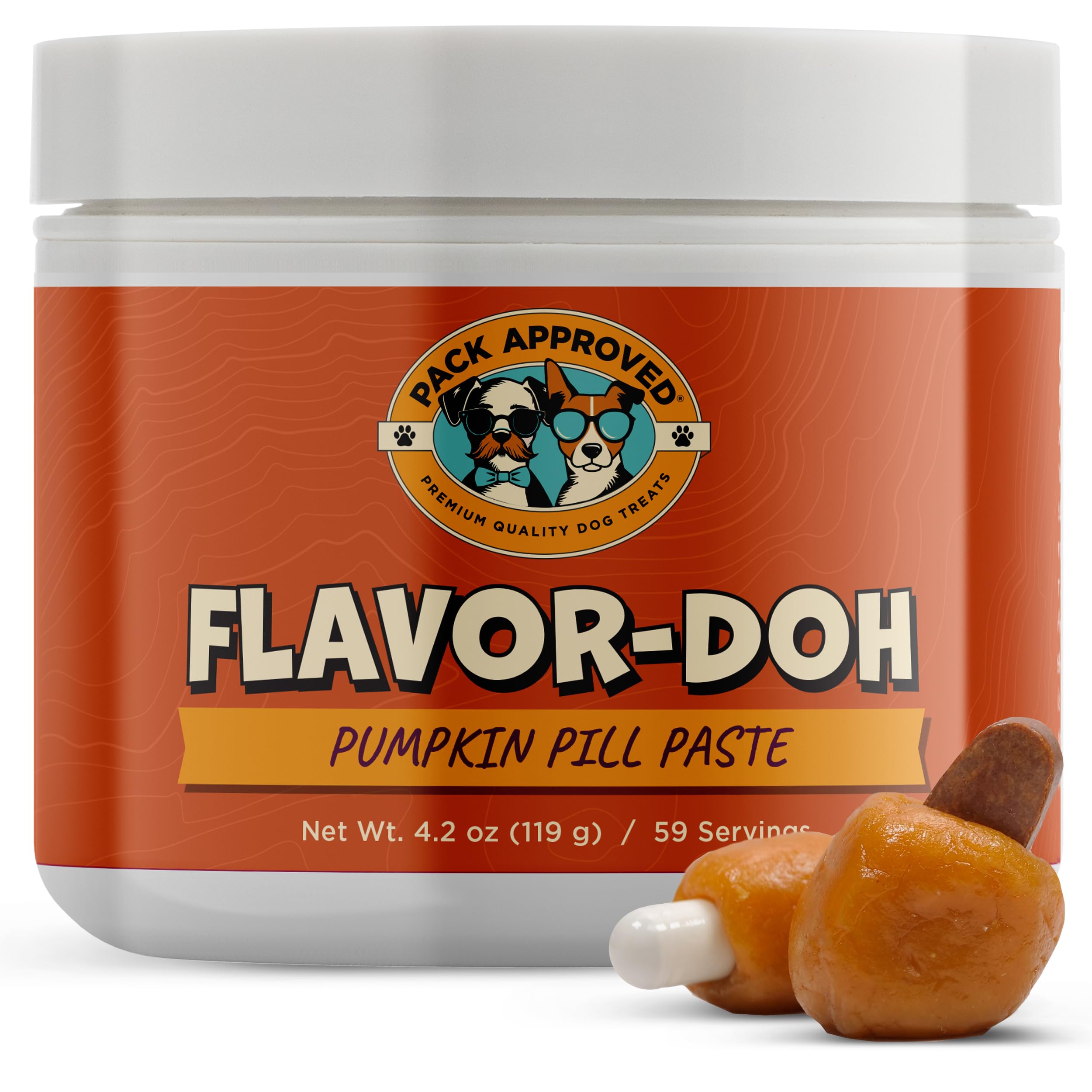 Pack Approved Flavor-Doh pumpkin packaging demonstrates easy pill hiding for dogs.