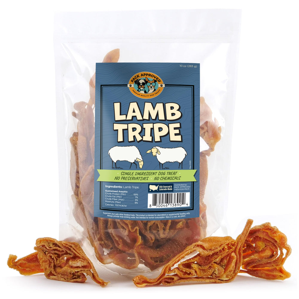 Pack Approved Lamb Tripe bag closeup highlighting single-ingredient treats