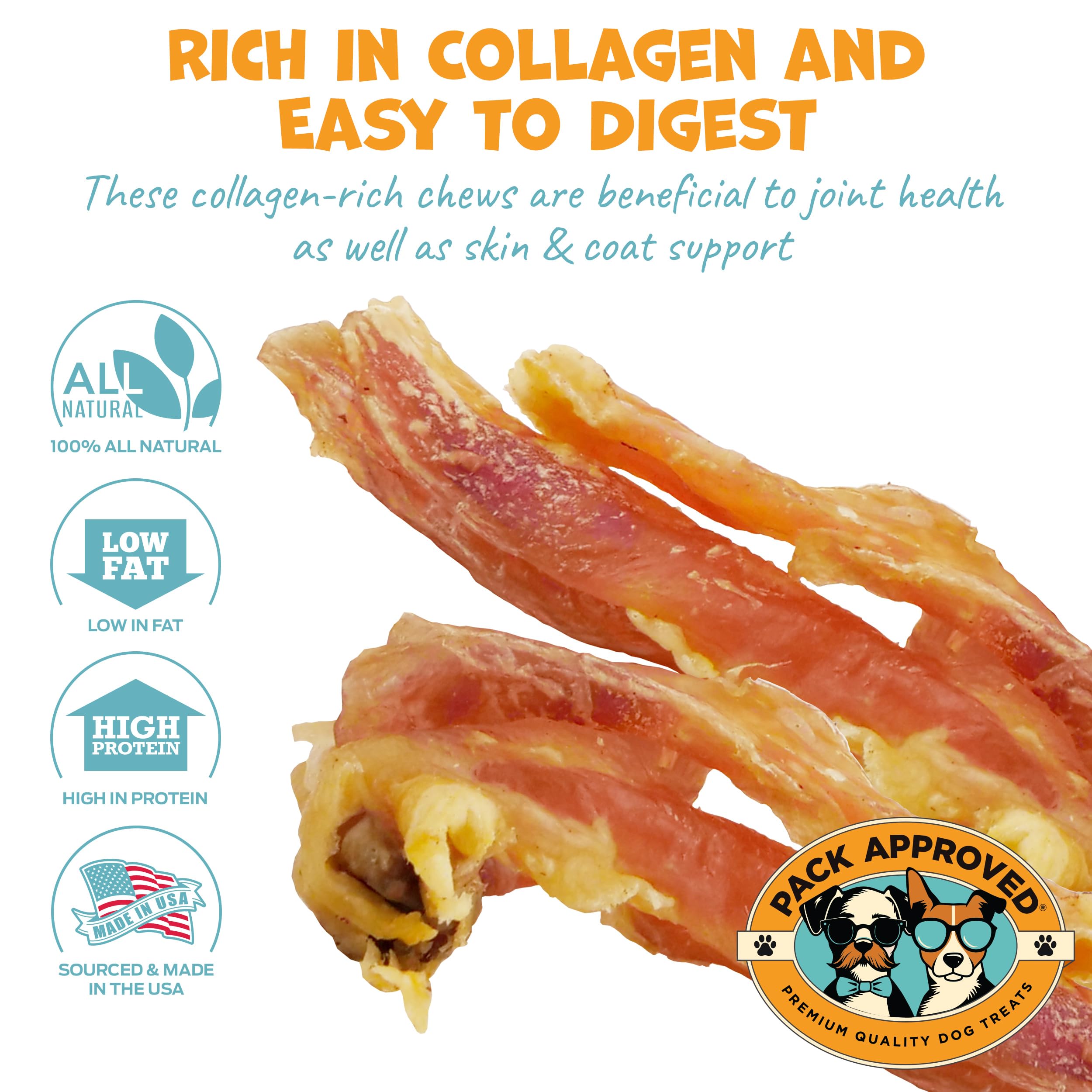 Pack Approved USA-made beef tendons highlight quality and nutrition.