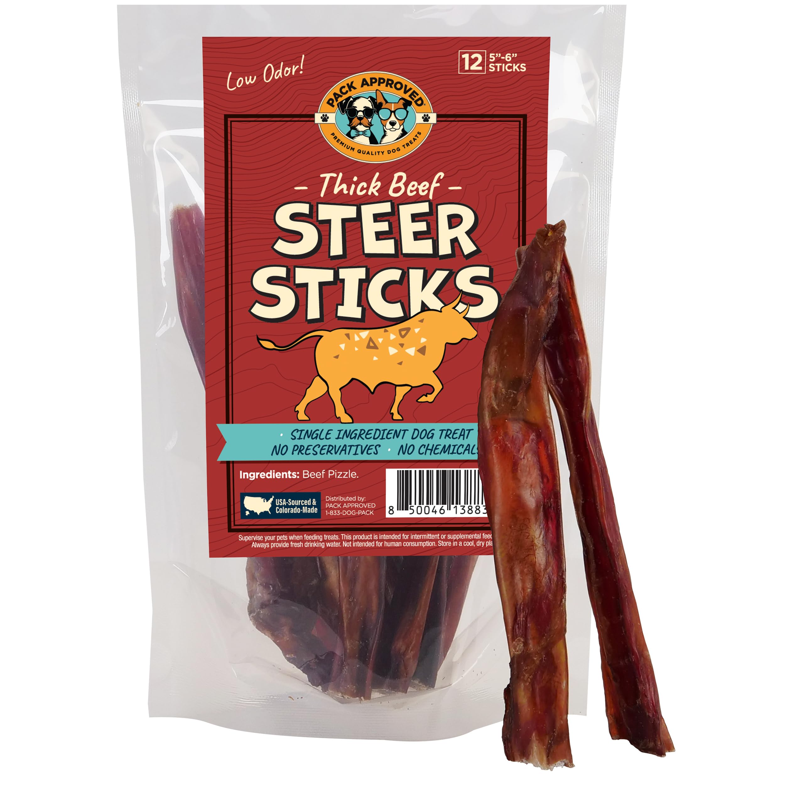 Pack Approved thick steer bully sticks 5-6in closeup promote dental health and satisfying chew.