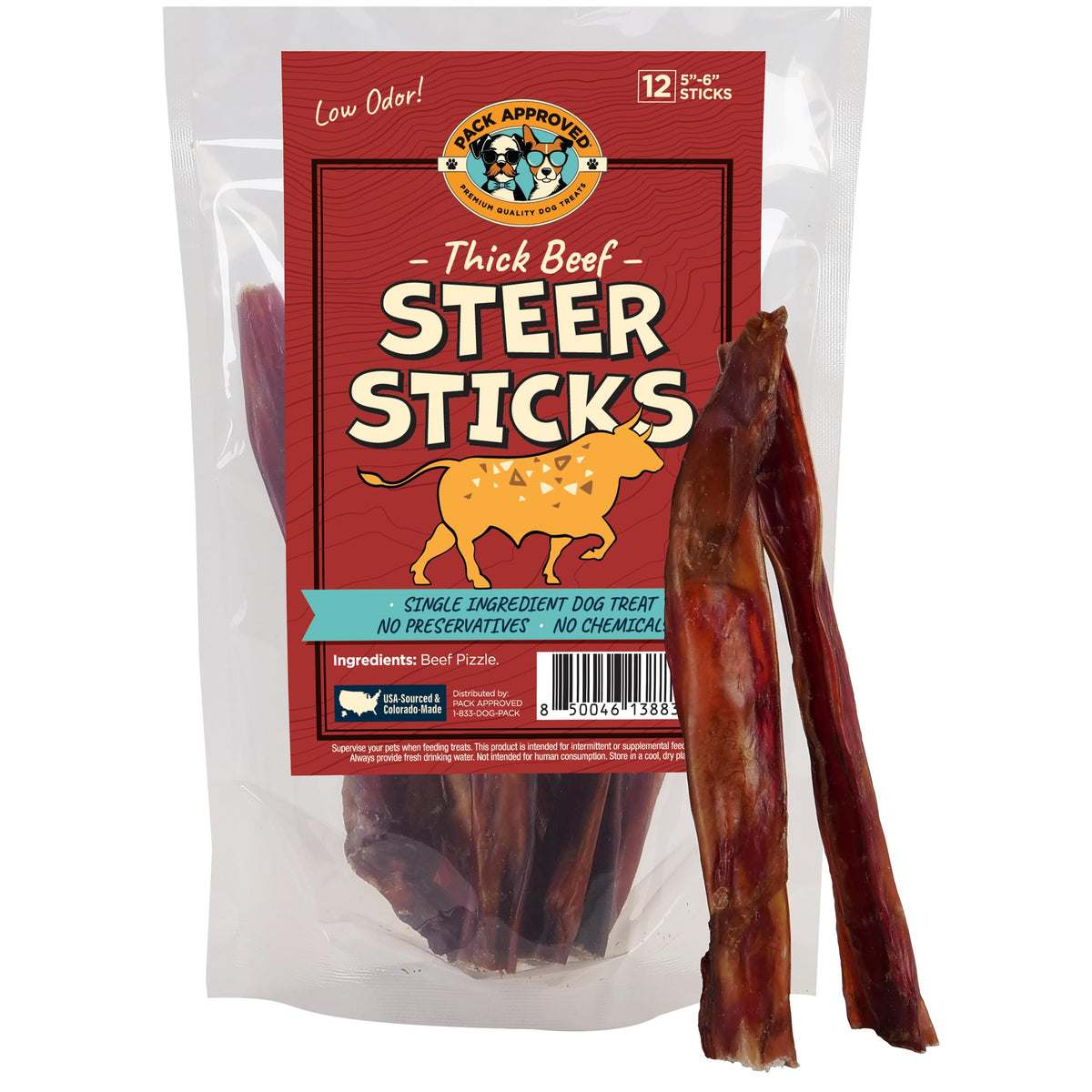 Pack Approved thick steer bully sticks 5-6in closeup promote dental health and satisfying chew.
