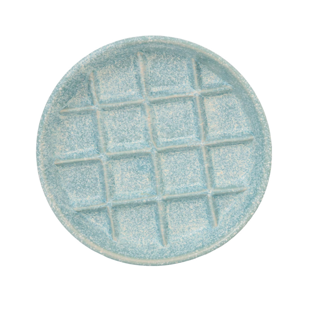 Padolitlay ceramic slow-feeder bowl blue close-up, whisker-friendly feeding.