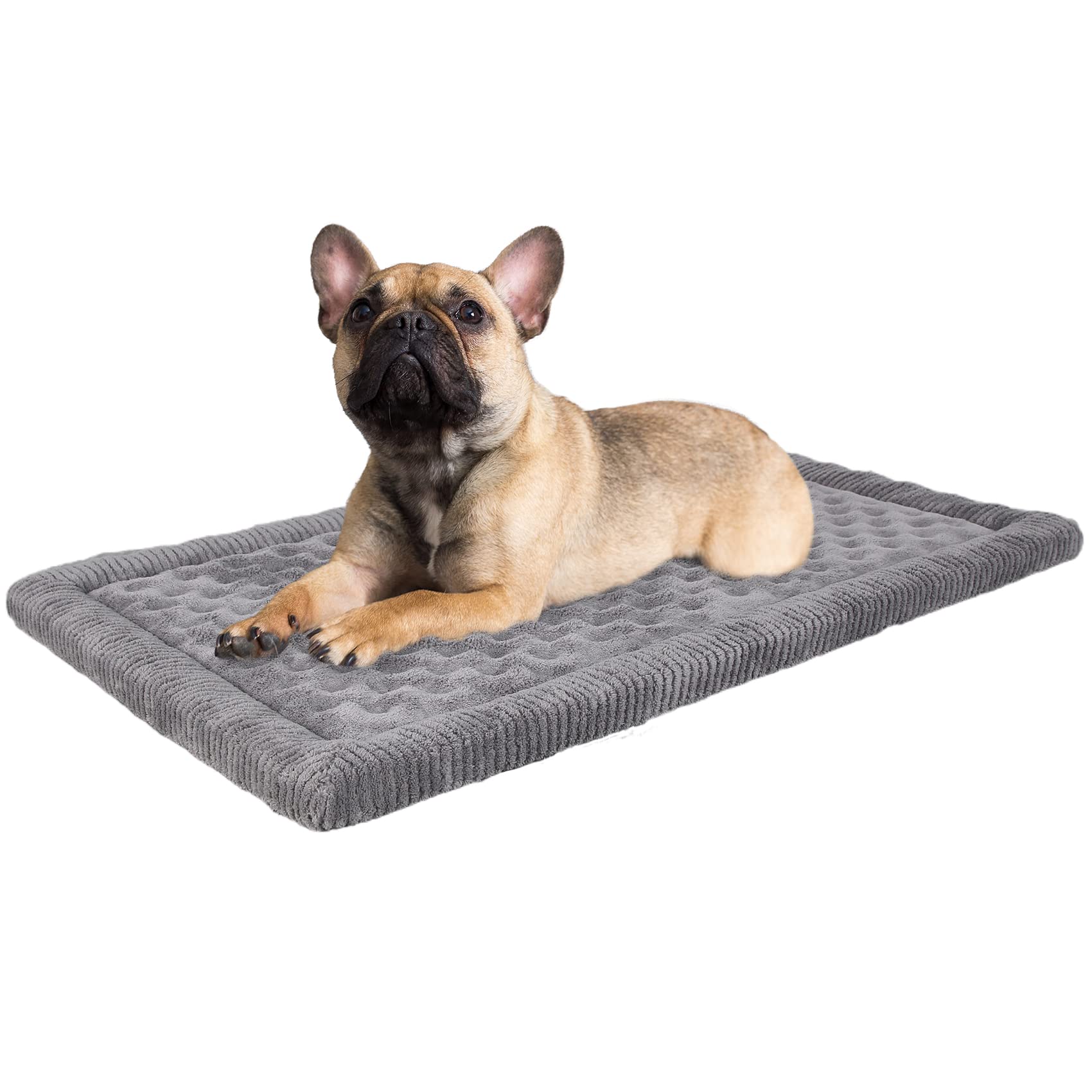 PAGGED dog crate pad top view highlights gray memory foam comfort for small to medium dogs.